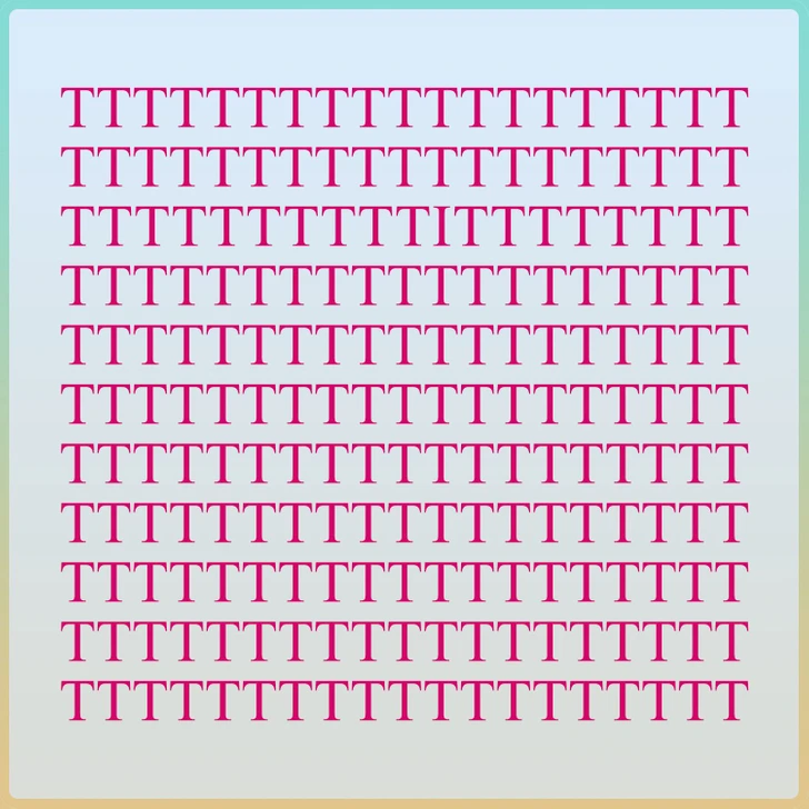 Encontre a letra fora do padrão entre múltiplas letras T em rosa. Desafio visual com várias letras T em cor rosa alinhadas sobre fundo azul com bordas arredondadas