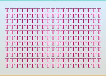Desafio visual com várias letras T em cor rosa alinhadas sobre fundo azul com bordas arredondadas
