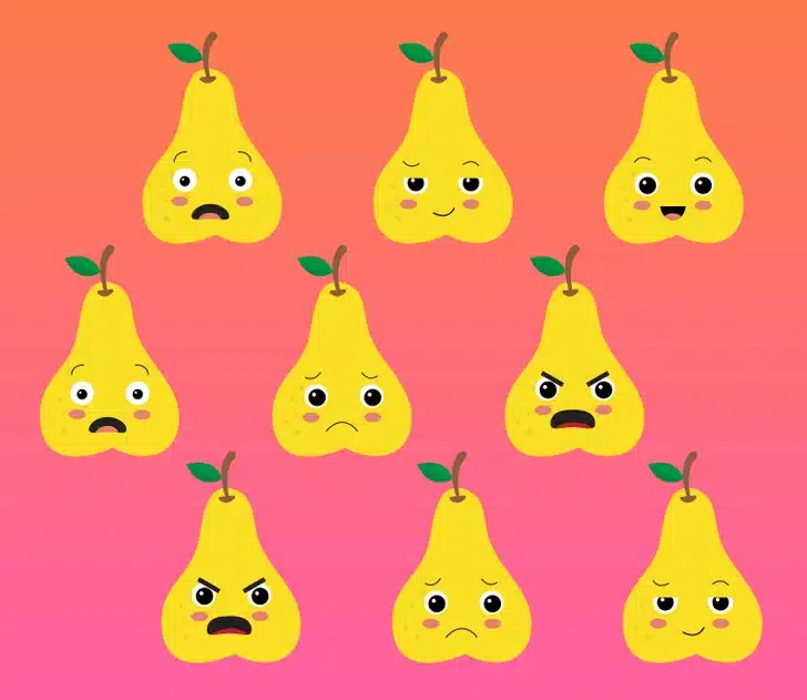 Descubra qual das peras não tem par entre várias peras em fundo rosa e laranja. Desafio visual com uma ilustração de peras amarelas com folhas verdes demonstrando várias expressões faciais como surpresa, tristeza e raiva.