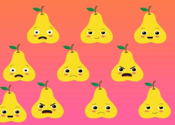 Desafio visual com uma ilustração de peras amarelas com folhas verdes demonstrando várias expressões faciais como surpresa, tristeza e raiva.