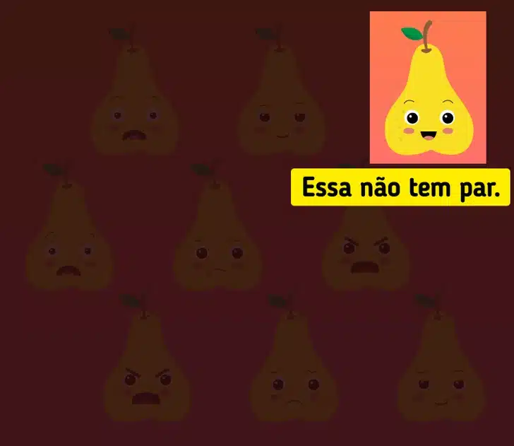 Encontre a pera única entre várias peras amarelas exibindo diferentes expressões faciais. Desafio visual com uma ilustração de peras amarelas com folhas verdes demonstrando várias expressões faciais como surpresa, tristeza e raiva.