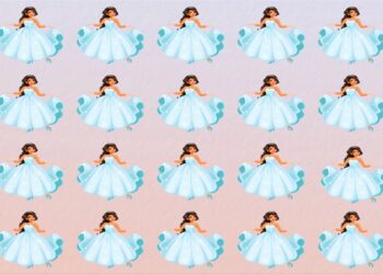 Desafio visual com uma repetição de princesa animada com vestido azul de gala