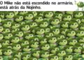 Desafio visual com várias imagens da Nojinho e o Mike Wazowski camuflado no fundo