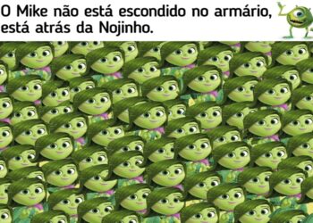 Desafio visual com várias imagens da Nojinho e o Mike Wazowski camuflado no fundo