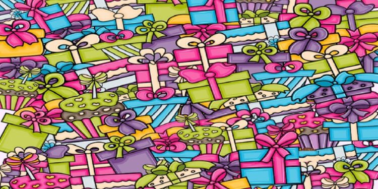 Desafio visual com ilustração de presentes e cupcakes em estilo de desenho, simbolizando uma festa.