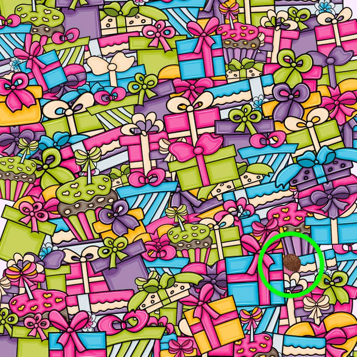 Ache o brigadeiro camuflado entre os presentes e doces Desafio visual com ilustração de presentes e cupcakes em estilo de desenho, simbolizando uma festa.