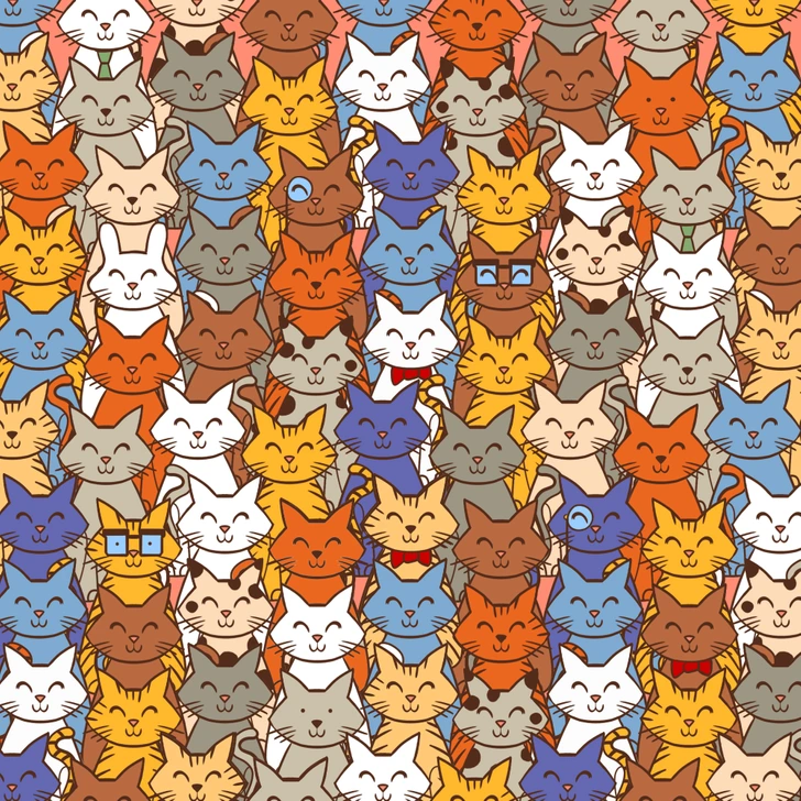 Encontre o coelho camuflado entre diversos gatos. Desafio visual com uma ilustração com vários gatos desenhados em estilo animado, coloridos em padrão repetido