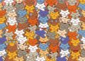 Desafio visual com uma ilustração com vários gatos desenhados em estilo animado, coloridos em padrão repetido