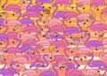 Teste visual com desenho colorido de flamingos rosa e lilás com acessórios engraçados em fundo laranja e amarelo