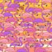 Teste visual com desenho colorido de flamingos rosa e lilás com acessórios engraçados em fundo laranja e amarelo
