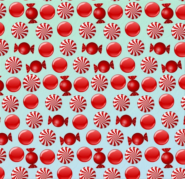 Ache o doce diferente entre as balas vermelhas e brancas. Desafio visual com ilustração de balas vermelhas e brancas em estilo moderno.