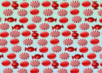 Desafio visual com ilustração de balas vermelhas e brancas em estilo moderno.