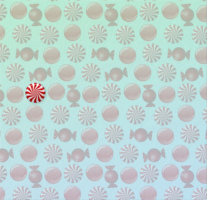 Ache o doce fora do padrão entre as balas vermelhas e brancas Desafio visual com ilustração de balas vermelhas e brancas em estilo moderno.