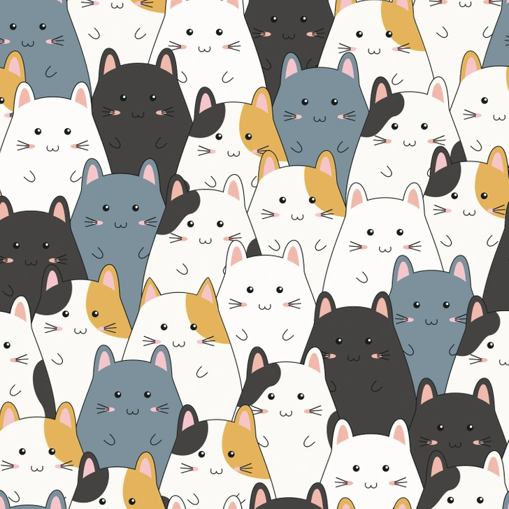Ache o gatinho camuflado neste desenho repetido de hamsters em diferentes cores. Desafio visual com ilustrações de hamsters em tons branco, preto, cinza e caramelo, com traços simples e expressões simpáticas