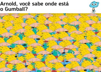 Desafio visual com vários personagens Arnold e Gumball escondido entre eles.