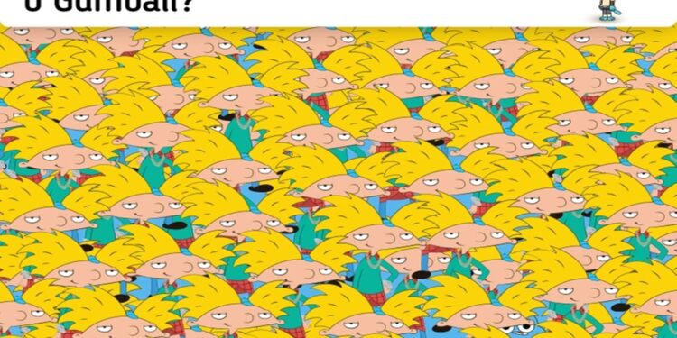 Desafio visual com vários personagens Arnold e Gumball escondido entre eles.