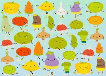 Teste visual com um desenho de vários legumes e verduras sorridentes, exceto um que você precisa encontrar neste desafio.