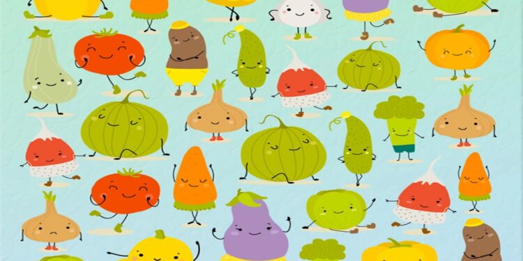 Teste visual com um desenho de vários legumes e verduras sorridentes, exceto um que você precisa encontrar neste desafio.