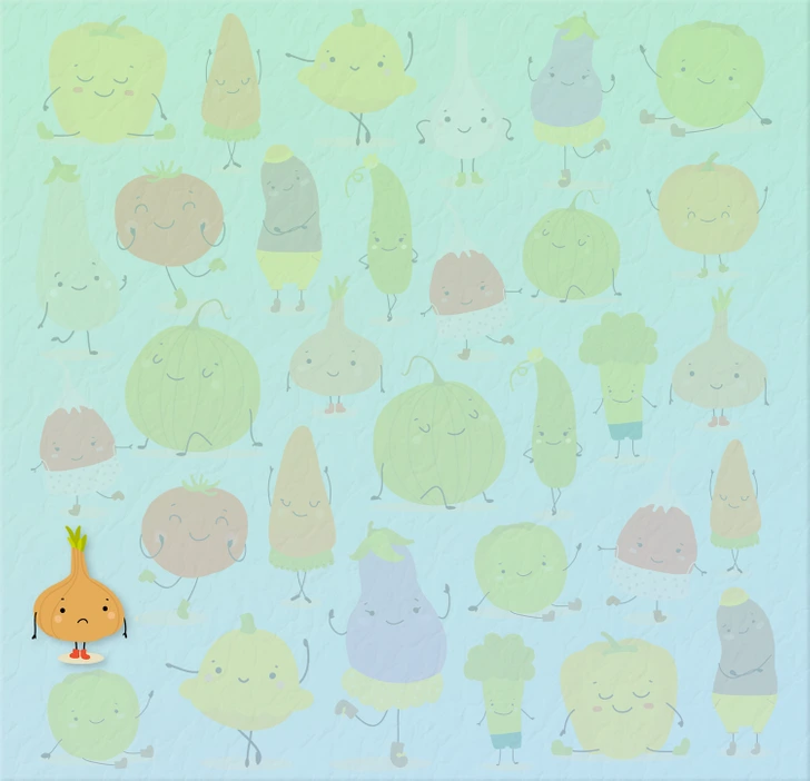 Ache o único legume diferente entre vários legumes e verduras. Teste visual com um desenho de vários legumes e verduras sorridentes, exceto um que você precisa encontrar neste desafio.