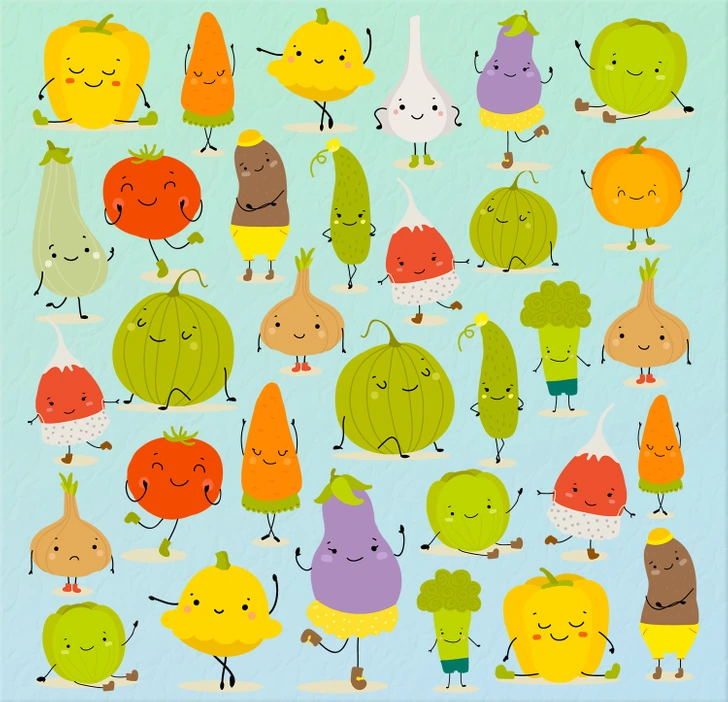 Encontre o único legume fora do padrão nesta ilustração com vegetais Teste visual com um desenho de vários legumes e verduras sorridentes, exceto um que você precisa encontrar neste desafio.