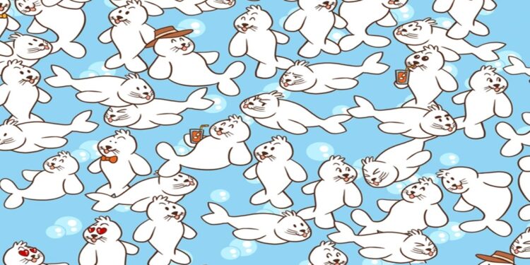 Desafio visual com focas ilustradas em um padrão repetitivo, sendo que algumas usam acessórios.