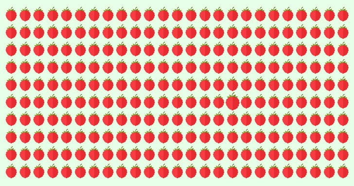 Encontre o morango fora do padrão entre centenas de morangos. Desafio visual com muitos morangos vermelhos organizados em padrão uniforme sobre fundo claro
