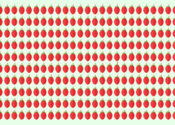 Desafio visual com muitos morangos vermelhos organizados em padrão uniforme sobre fundo claro