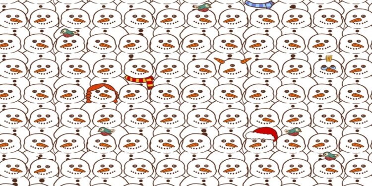 Imagem com vários bonecos de neve e um urso panda escondido entre eles, proposta de desafio visual.