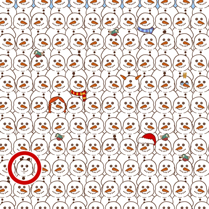 Desafio Visual: Encontre o urso panda entre os bonecos de neve Imagem com vários bonecos de neve e um urso panda escondido entre eles, proposta de desafio visual.