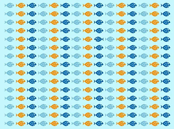 Desafio visual com peixes coloridos organizados em linhas horizontais. Desafio visual com desenho repetitivo de peixes nas cores azul, azul-escuro e laranja em fundo branco.