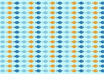 Desafio visual com desenho repetitivo de peixes nas cores azul, azul-escuro e laranja em fundo branco.