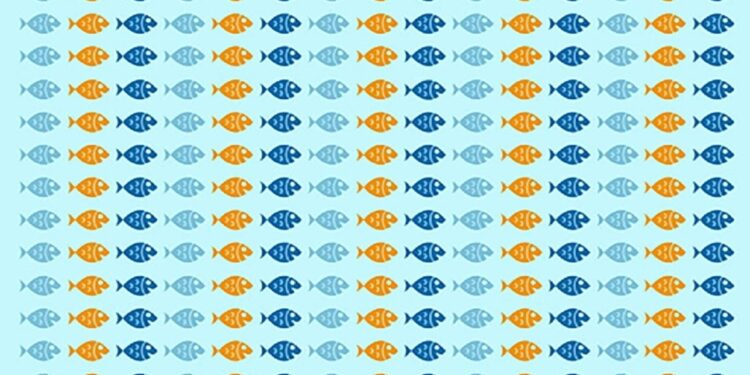 Desafio visual com desenho repetitivo de peixes nas cores azul, azul-escuro e laranja em fundo branco.