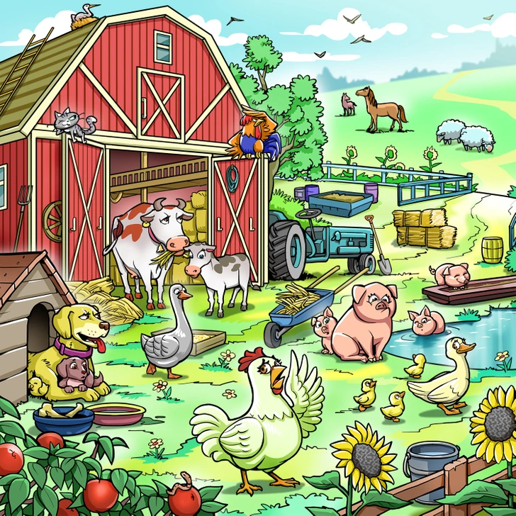 Encontre o pintinho perdido na cena de uma fazenda vários animais. Imagem: Pinterest Desafio visual para encontrar o pintinho escondido na fazenda com vários animais e um celeiro vermelho.