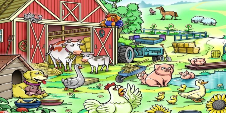 Desafio visual para encontrar o pintinho escondido na fazenda com vários animais e um celeiro vermelho.