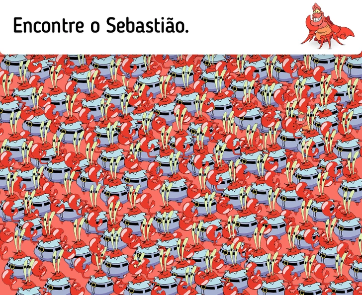 Encontre o Sebastião nesta ilustração repleta de caranguejos do universo Bob Esponja. Desafio visual com uma imagem de muitos caranguejos animados juntos; desafio é encontrar o Sebastião escondido