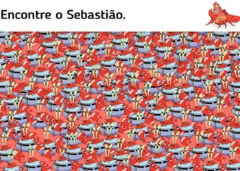 Desafio visual com uma imagem de muitos caranguejos animados juntos; desafio é encontrar o Sebastião escondido