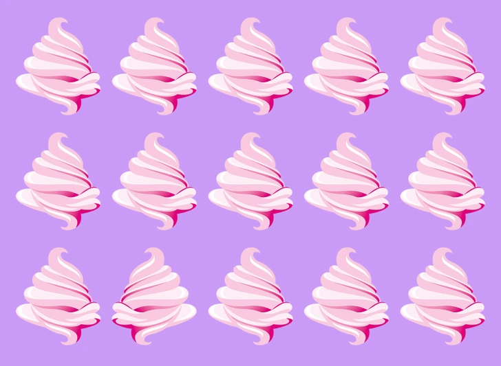 Encontre o único sorvete diferente entre vários sorvetes. Desafio visual com uma ilustração de diversos sorvetes cor-de-rosa organizados em padrão sobre um fundo lilás.