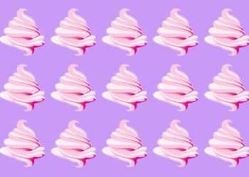 Desafio visual com uma ilustração de diversos sorvetes cor-de-rosa organizados em padrão sobre um fundo lilás.