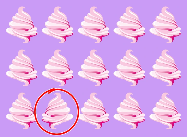 Ache o sorvete diferente no meio dos sorvetes coloridos que seguem um padrão repetido. Desafio visual com uma ilustração de diversos sorvetes cor-de-rosa organizados em padrão sobre um fundo lilás.