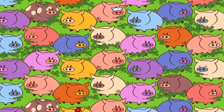Desafio visual com diversos porquinhos coloridos organizados em padrão e vários trevos espalhados pela imagem.