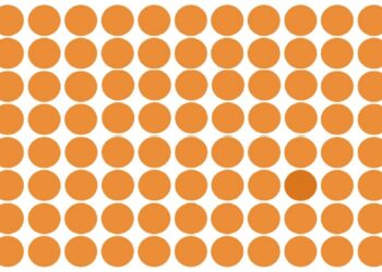 Desafio visual com círculos laranja alinhados em fileiras com variações de tons criando padrão geométrico