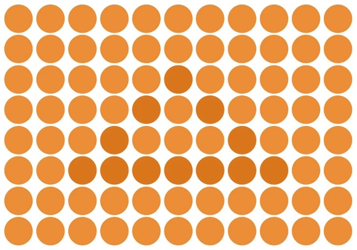 Identifique o triângulo escondido entre os círculos. Desafio visual com círculos laranja alinhados em fileiras com variações de tons criando padrão geométrico