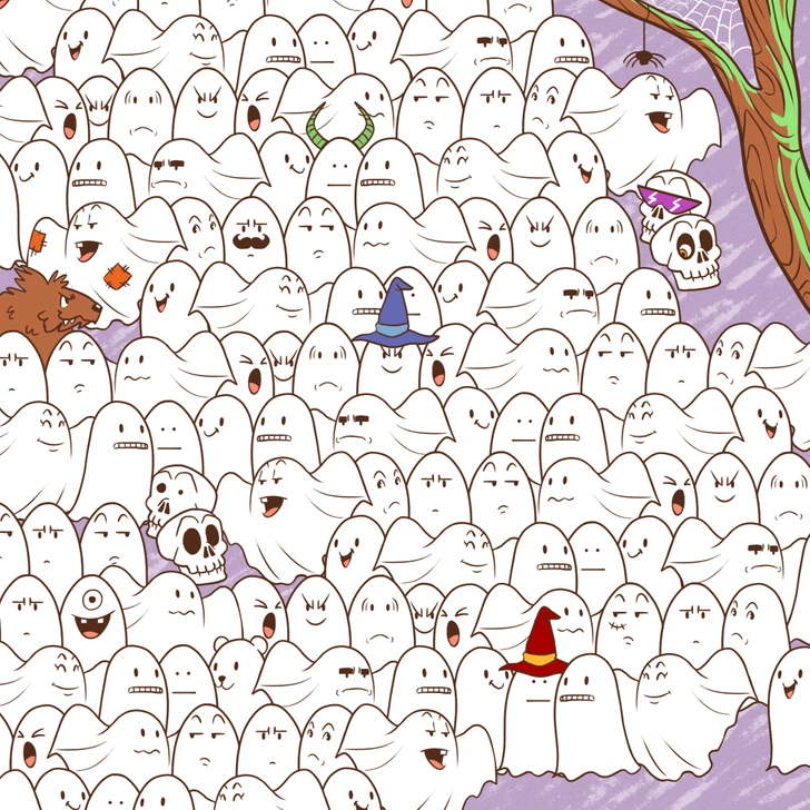Ache o urso polar escondido entre tantos fantasmas. Desafio visual com muitos fantasmas e um urso polar escondido com tema Halloween