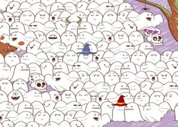 Desafio visual com muitos fantasmas e um urso polar escondido com tema Halloween