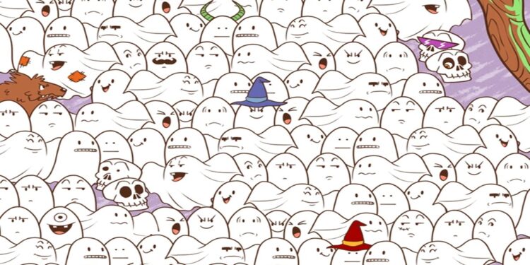 Desafio visual com muitos fantasmas e um urso polar escondido com tema Halloween