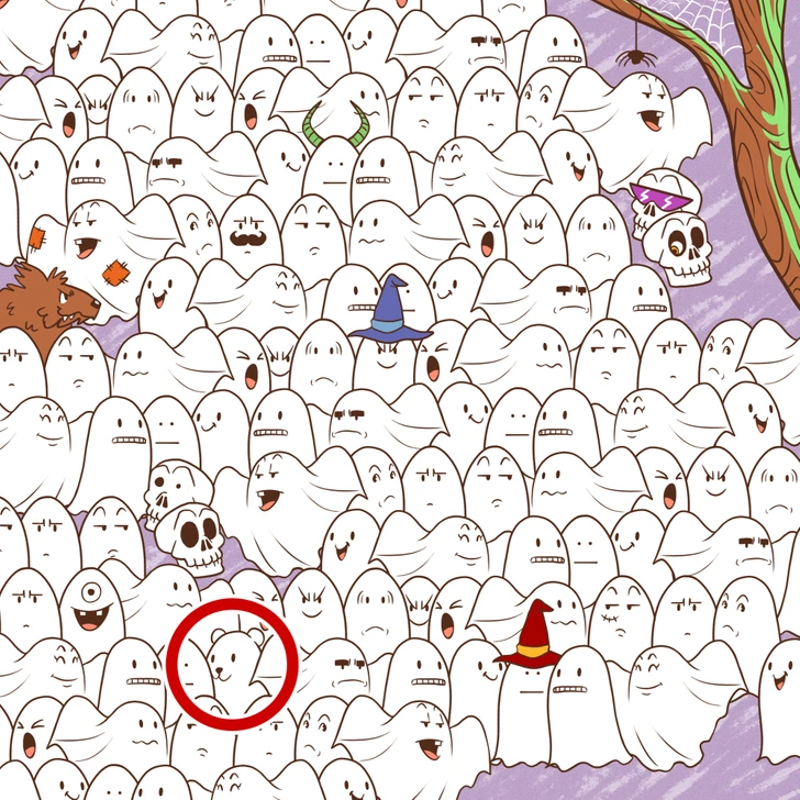 Desafio visual: encontre o urso polar entre os diversos fantasmas Desafio visual com muitos fantasmas e um urso polar escondido com tema Halloween