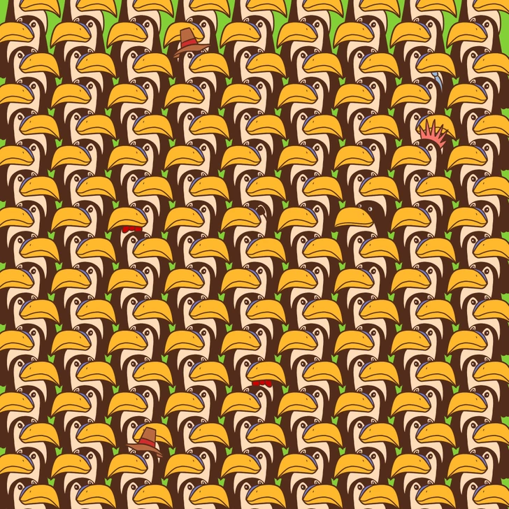 Você consegue encontrar o pinguim camuflado entre todos os tucanos nesta imagem. Desafio visual utilizando uma Ilustração com muitos tucanos similares, exceto um que está disfarçado como visitante