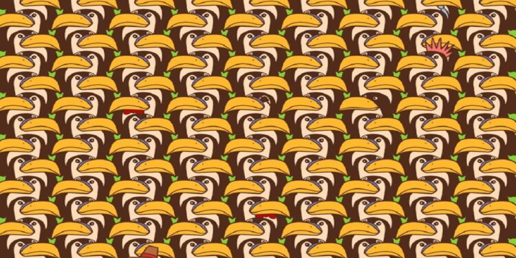 Desafio visual utilizando uma Ilustração com muitos tucanos similares, exceto um que está disfarçado como visitante