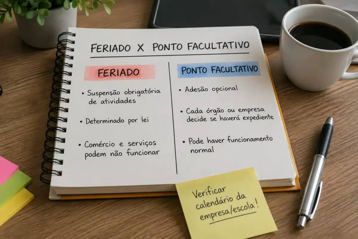 Diferenças entre feriado e ponto facultativo Comparação entre feriado e ponto facultativo em um caderno sobre uma mesa de estudos.