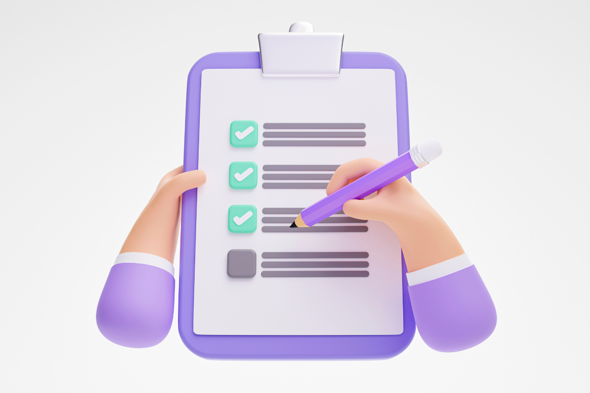 Editais publicados Ilustração 3D de mãos segurando prancheta com lista de tarefas e caneta roxa escrevendo